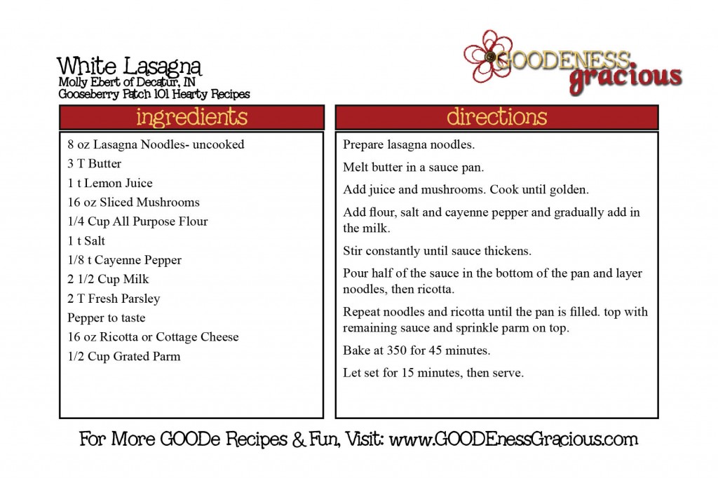 White Lasagna Recipe Card