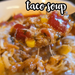 This savory tried and true crock pot taco soup is full of taco meat, sausage, beans tomatoes and corn. We love this hearty soup for a filling dinner. We also love that it is an ALL DAY Slow Cooker Recipe.